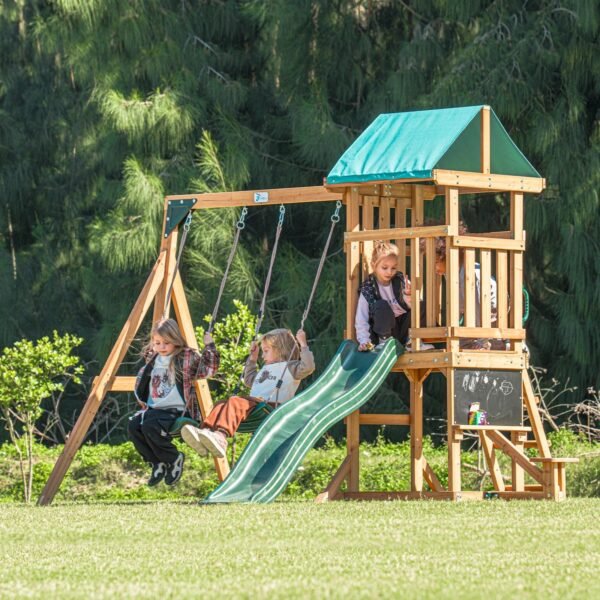 DOLPHIN PLAYGROUND Wooden Outdoor Playset with Dual Swings, Slide, and Playhouse – Rounded Edges